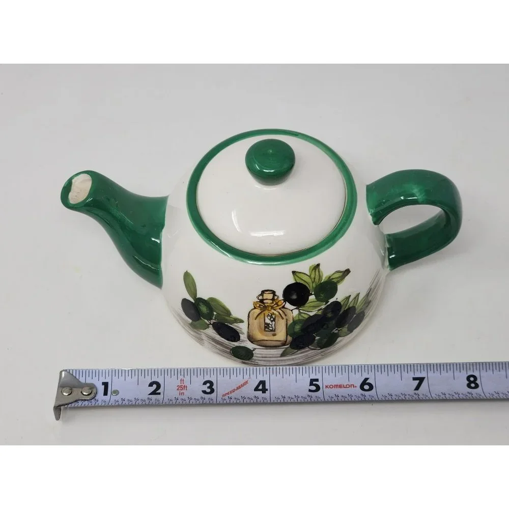 Vintage Single Serve Teapot Black‎ Olives Leaves GreenBlackBrownWhite Unmarked